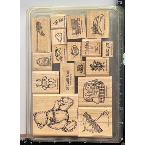 EXCELLENT RARE STAMPIN' UP! BOW BEAR Wood Rubber Stamp set of 17 UMBRELLA PICNIC - Picture 2 of 5